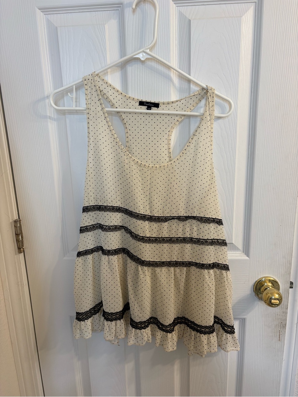 Monteau Cream Polka Dot Racerback Tank with Black Lace Trim